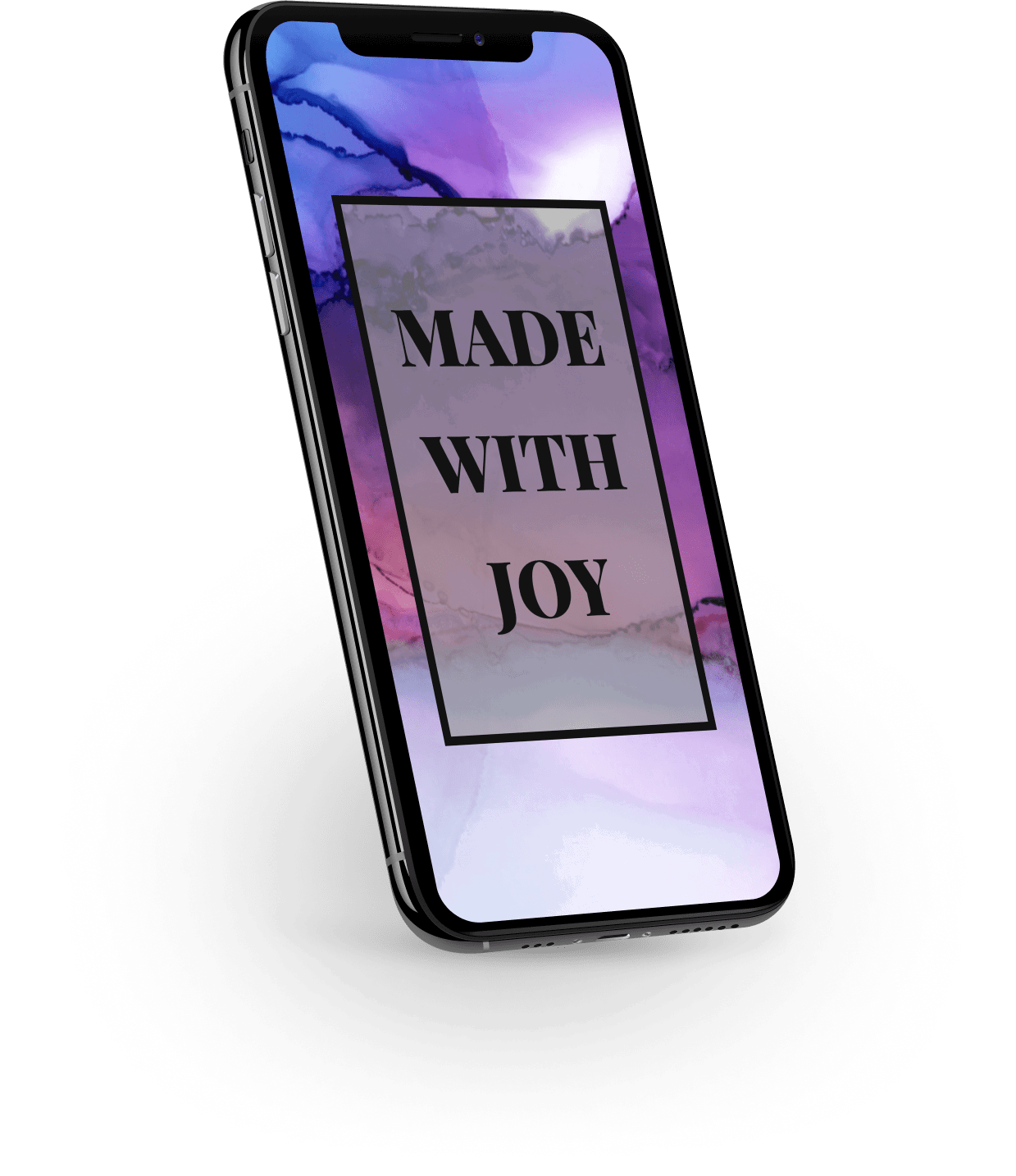 Mobiltelefon mit dem Spruch "Made with joy" und buntem Hintergrund am Display
