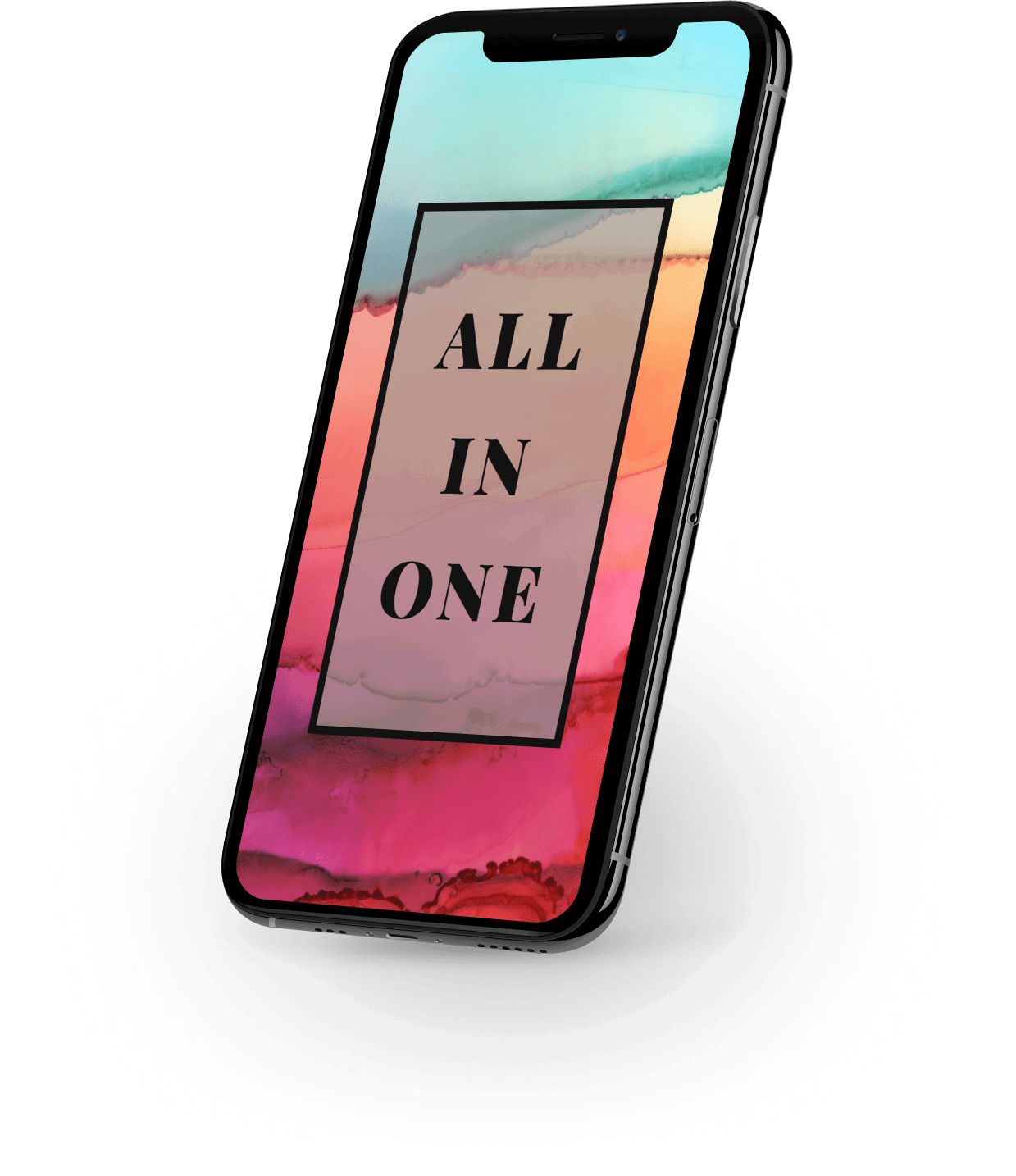 Mobiltelefon mit dem Spruch "All in one" und buntem Hintergrund am Display