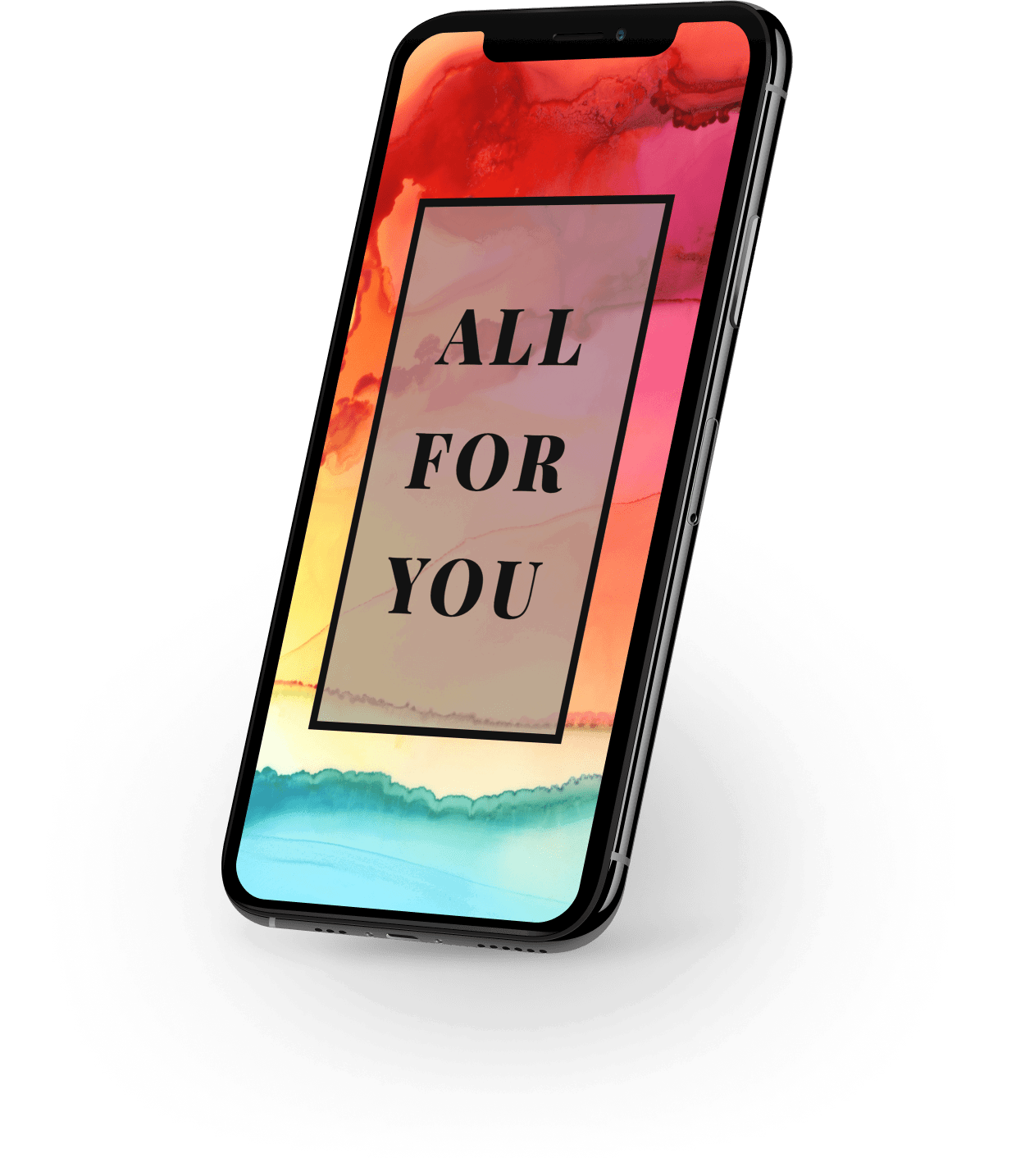 Mobiltelefon mit dem Spruch "All for you" und buntem Hintergrund am Display